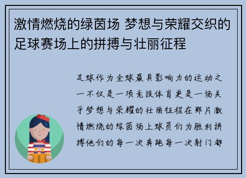 激情燃烧的绿茵场 梦想与荣耀交织的足球赛场上的拼搏与壮丽征程