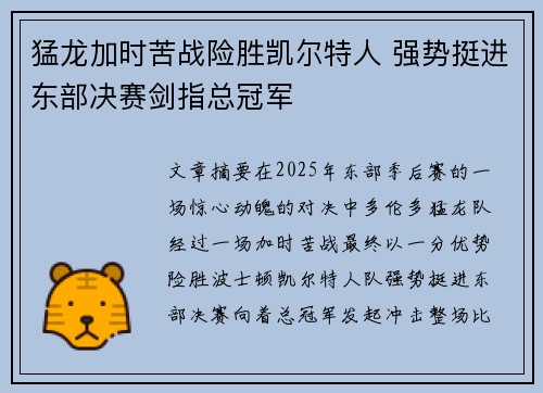 猛龙加时苦战险胜凯尔特人 强势挺进东部决赛剑指总冠军