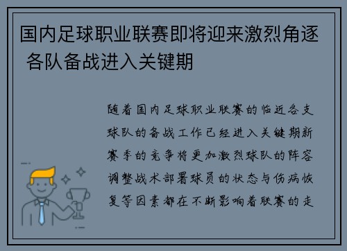 国内足球职业联赛即将迎来激烈角逐 各队备战进入关键期