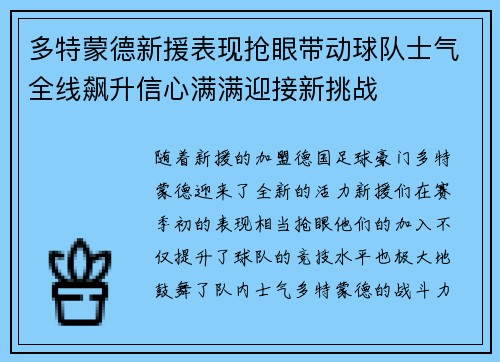 多特蒙德新援表现抢眼带动球队士气全线飙升信心满满迎接新挑战