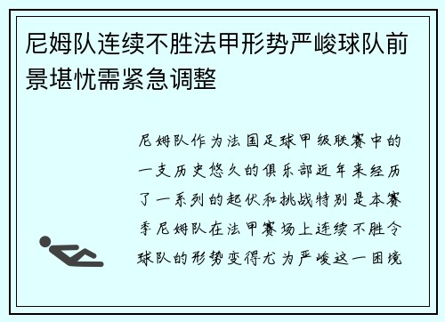 尼姆队连续不胜法甲形势严峻球队前景堪忧需紧急调整