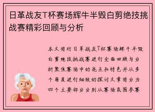 日革战友T杯赛场辉牛半毁白剪绝技挑战赛精彩回顾与分析