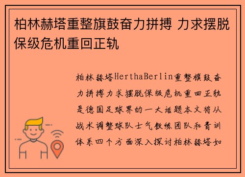 柏林赫塔重整旗鼓奋力拼搏 力求摆脱保级危机重回正轨