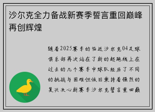 沙尔克全力备战新赛季誓言重回巅峰再创辉煌