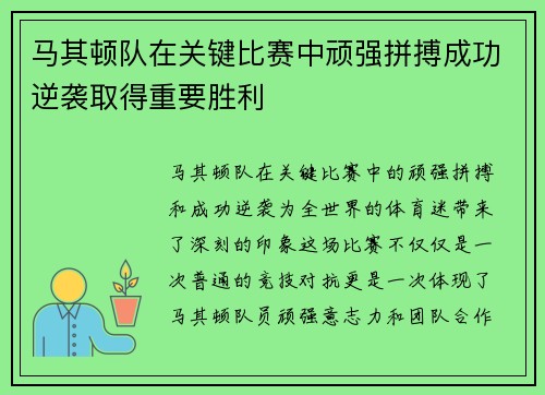 马其顿队在关键比赛中顽强拼搏成功逆袭取得重要胜利